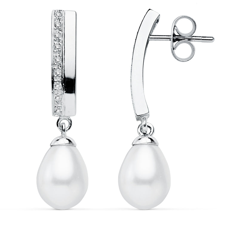 9K Boucles d'oreilles Perle en Or Blanc. 30X7 mm Fermoir Poussettes Papillon