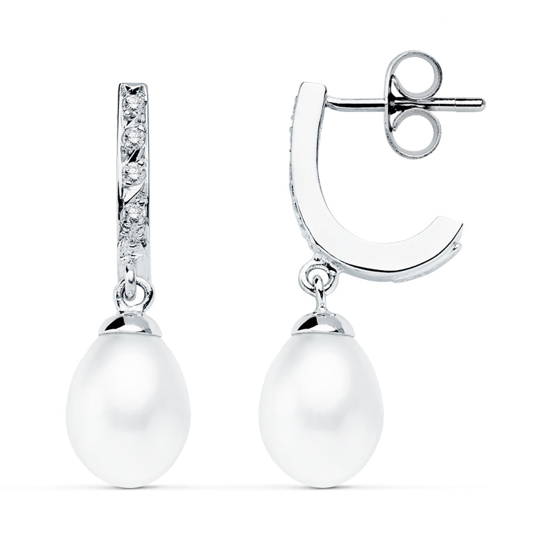 Pendientes de Perlas Oro Blanco 9K 25X7 mm Cierre Mariposa