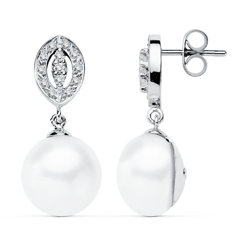 9K Boucles d'oreilles Perle et Zircons en Or Blanc. 27X11 mm Fermoir Poussettes Papillon