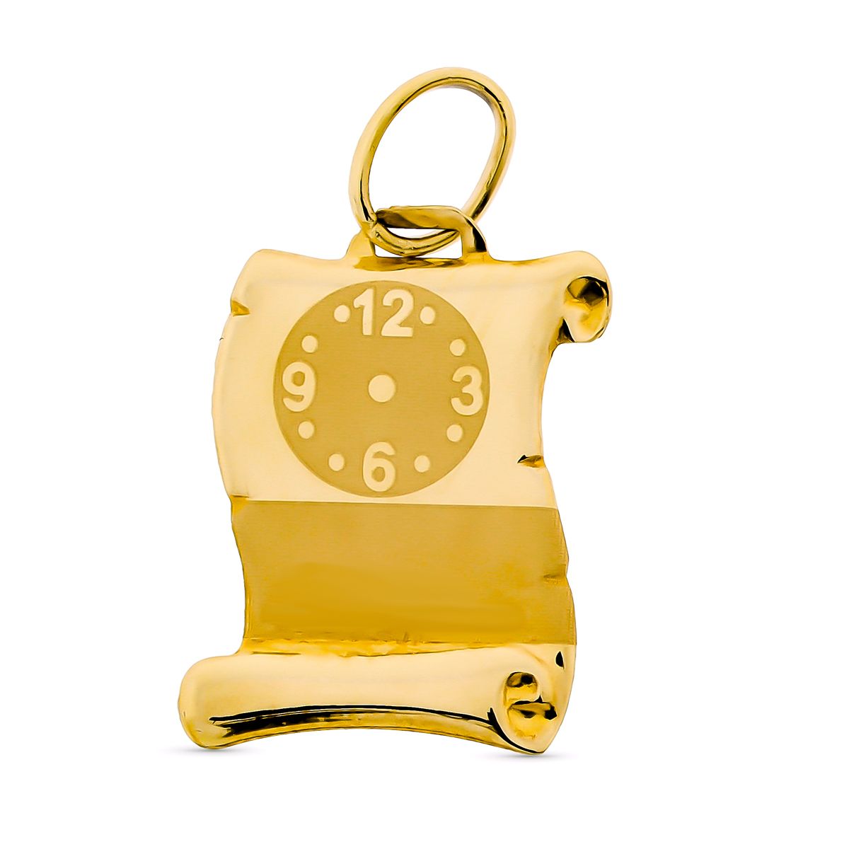 Horloge Gravée Pendentif Parchemin Or Jaune 9K 15X11 mm