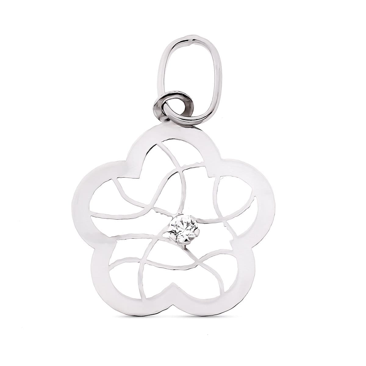 Pendentif en Or Blanc 9K Ajouré Fleur Brillante avec Zircon Taille : 16 X 14 mm