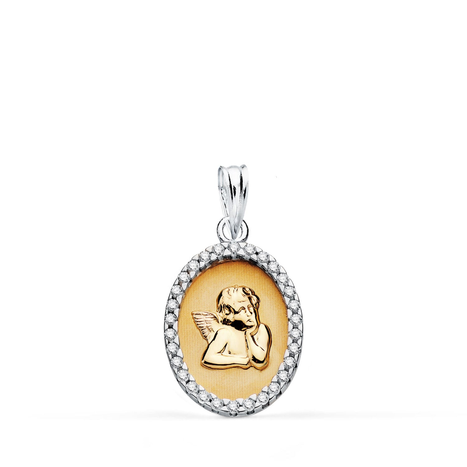 Médaille en Or 9K Bicolore, de Forme Ovale, avec Un Petit Ange Entouré Dune Couronne de Circonites. Dimensions : 19 X 13 mm
