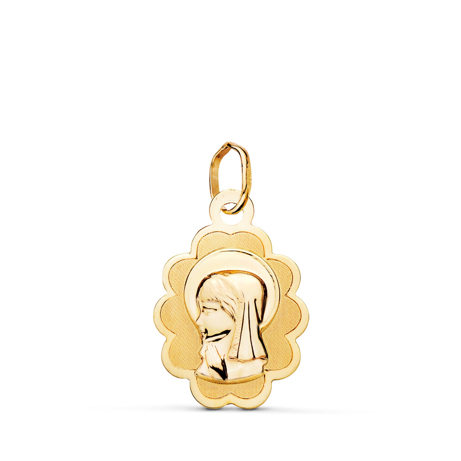 Medaglia in oro giallo 9K che rappresenta una ragazzina vergine, con una nuvola opaca e lucente. Dimensioni: 18 x 12 mm