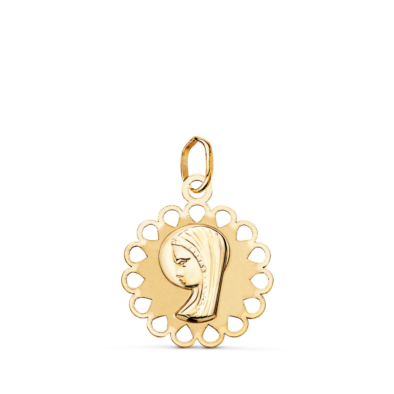 Médaille en Or Jaune 9K Représentant Une Jeune Vierge, de Forme Ronde, Ajourée, Mat et Brillante. Dimensions : 18 X 15 mm
