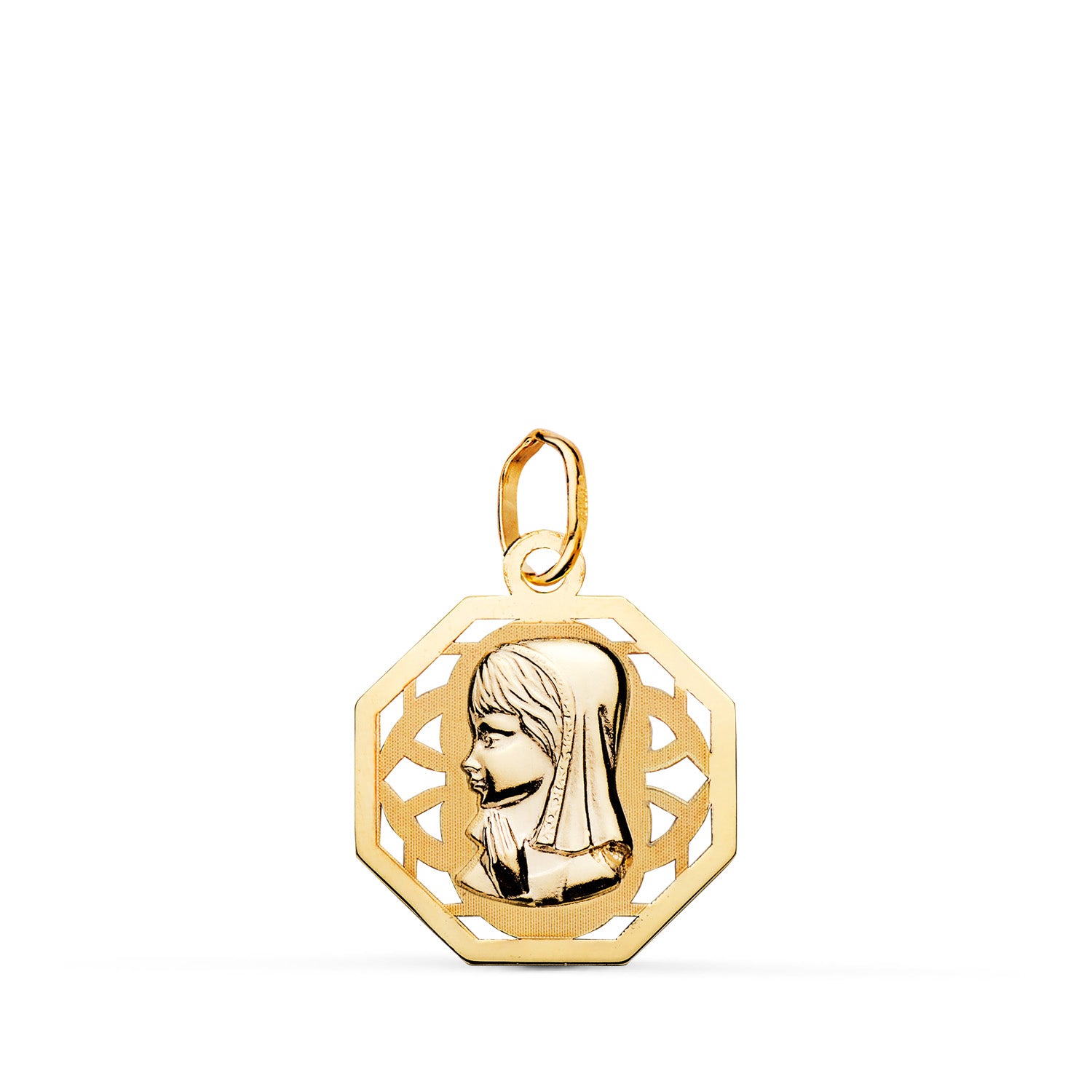 Médaille en Or Jaune 9 Carats, Représentant Une Jeune Vierge, Octogonale, Ajourée, Mate et Brillante. Dimensions : 17 X 15 mm