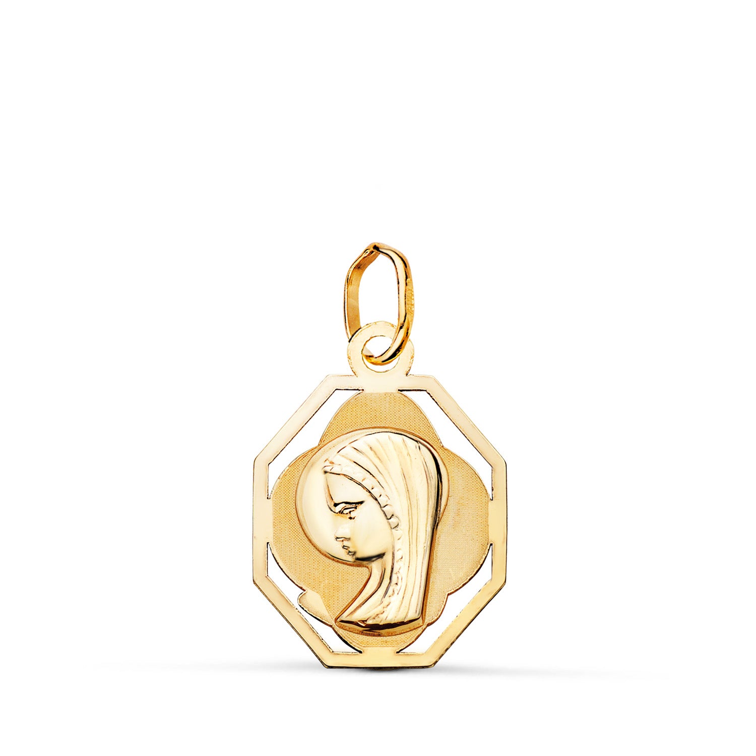 Médaille en Or Jaune 9 Carats, Représentant Une Petite Vierge, Octogonale, Ajourée, Mate et Brillante. Dimensions : 18 X 12,5 mm