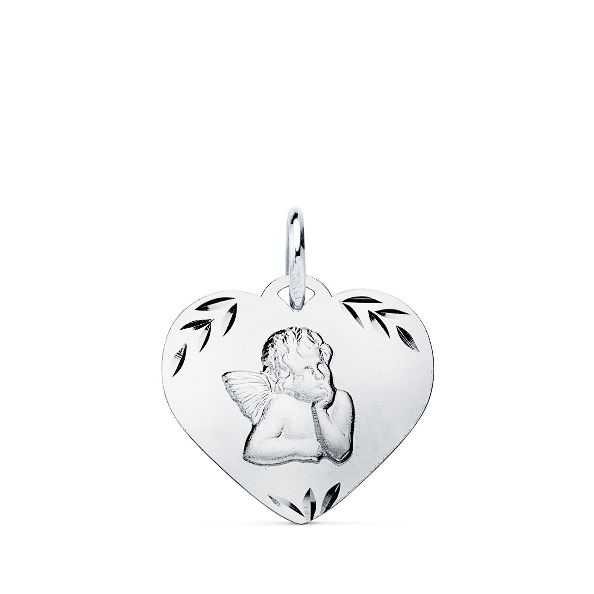 9K Pendentif en Or Blanc Coeur avec Ange Facetté. 16X14 mm