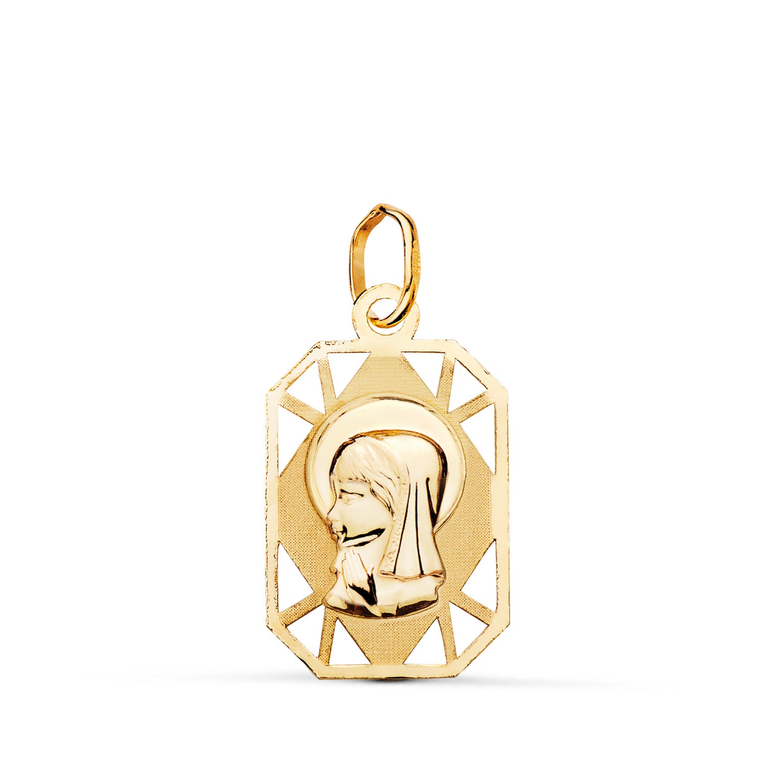 Médaille en Or Jaune 9K Représentant Une Jeune Vierge, de Forme Rectangulaire, Ajourée, Mat et Brillante. Dimensions : 19 X 12 mm