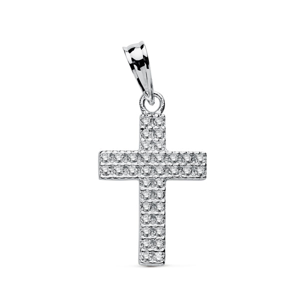 9K Pendentif Croix en Or Blanc & Oxydes de Zirconium. 20X12 mm
