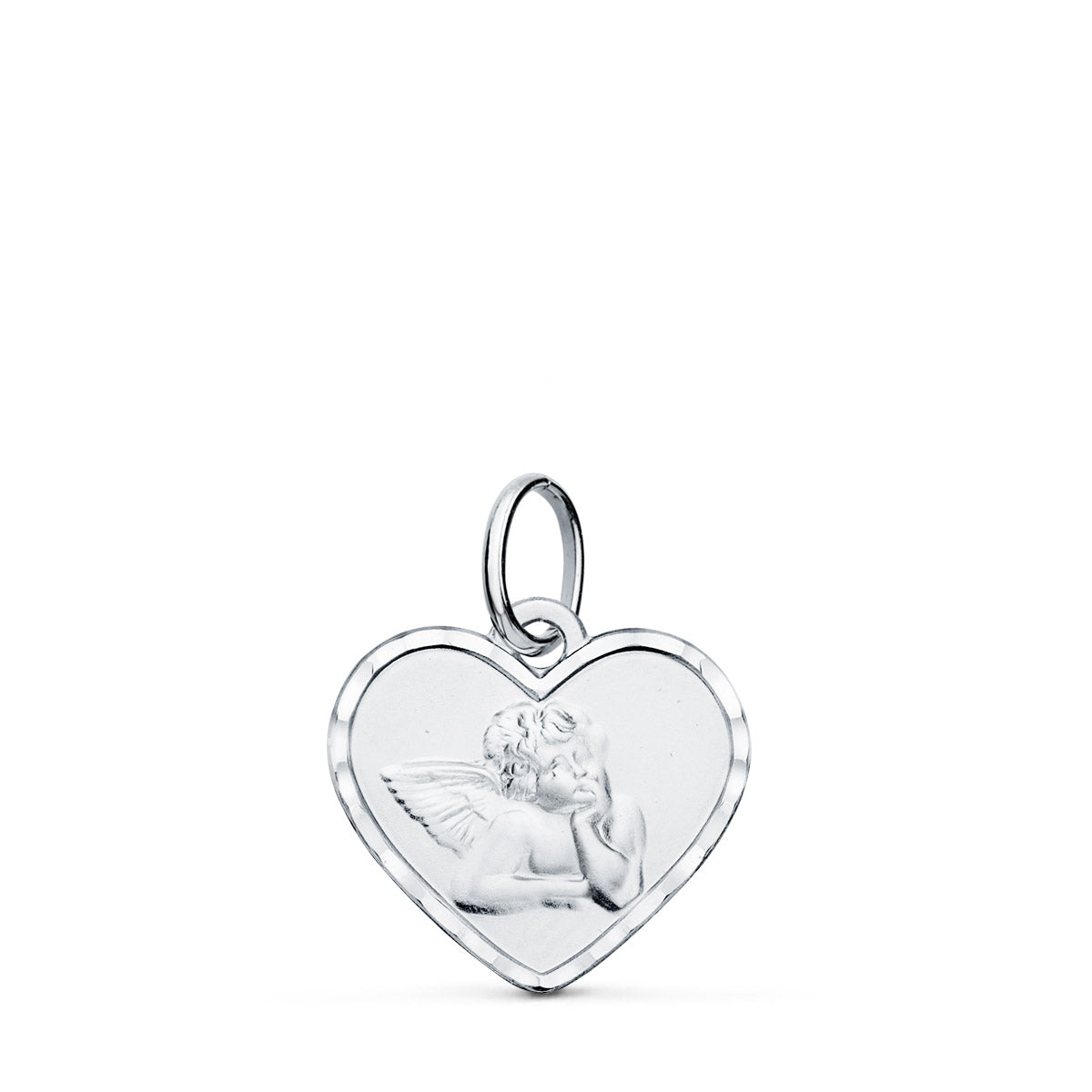 9K Médaille en Or Blanc Coeur Angelot. 14X12 mm