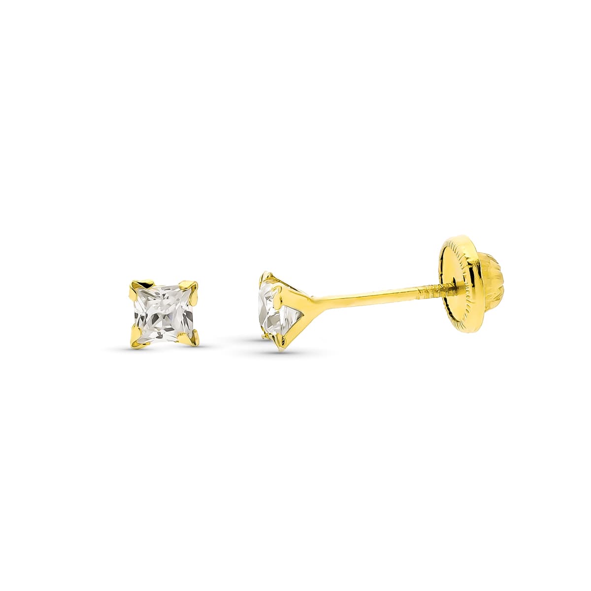 Pendientes Oro Amarillo 9K Circonitas Cuadradas Cierre Tuerca 3X3 mm