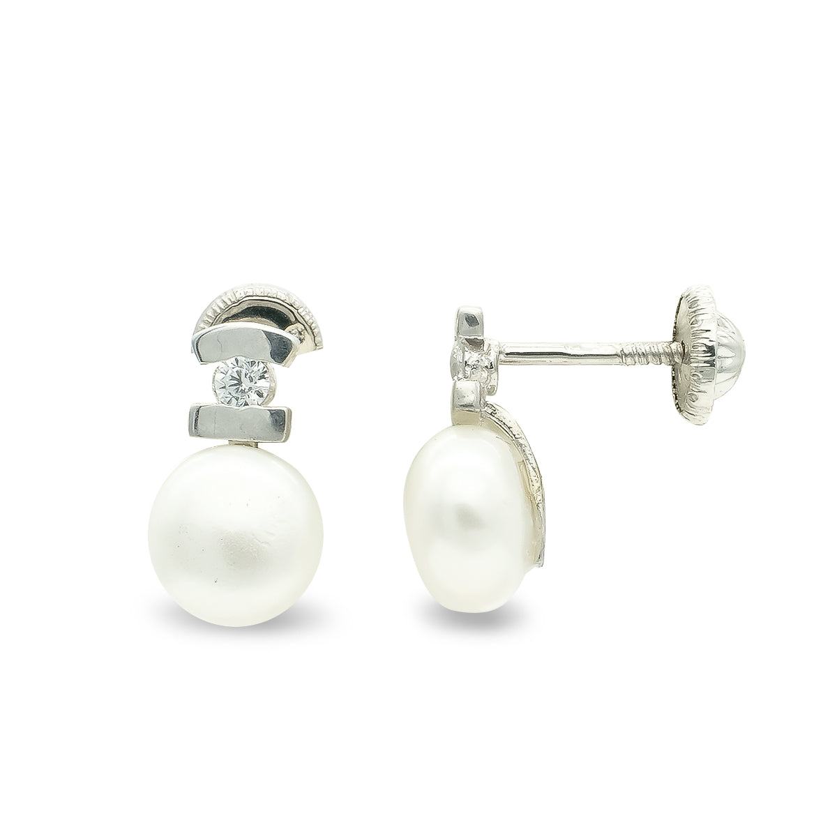 Pendientes Oro Blanco 9K Perlas Circonitas 10X6 mm Cierre Rosca