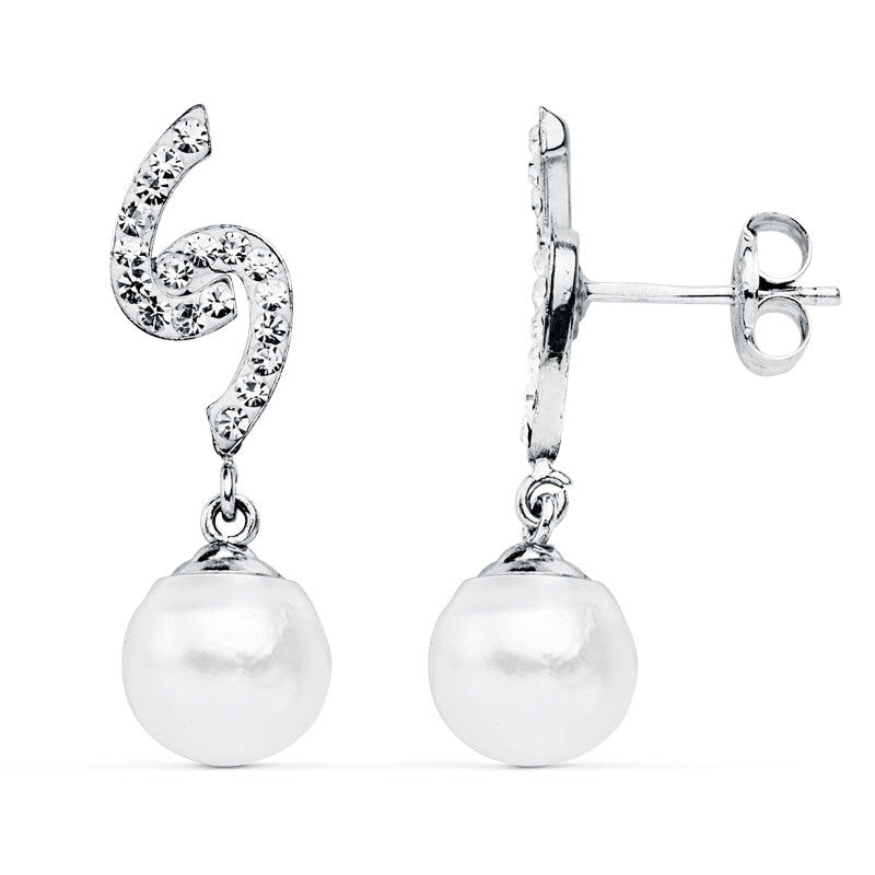 Brincos em ouro branco 9K e pérolas 8 mm 24X6 mm fecho borboleta