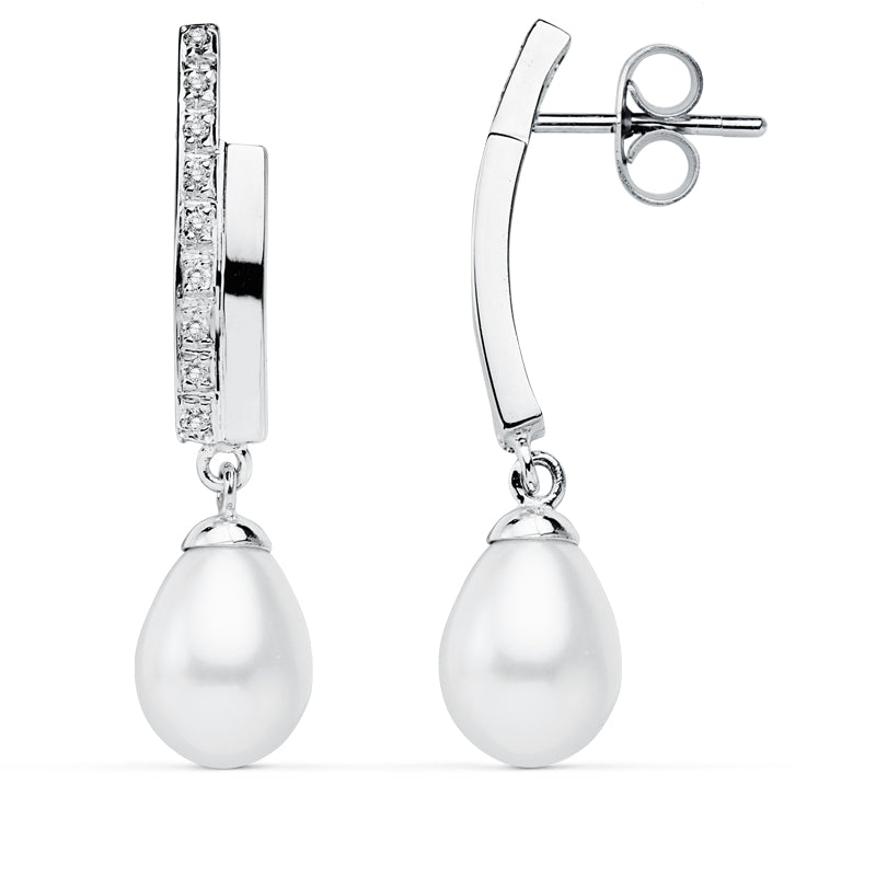 9K Boucles d'oreilles en Or Blanc et Perle. 32X8 mm Fermoir Poussettes Papillon
