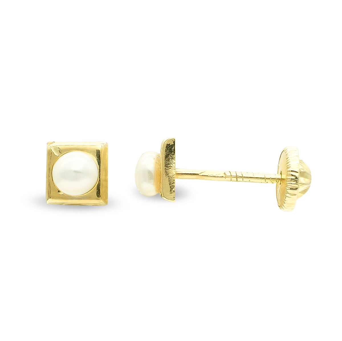 Boucles d'oreilles Or Jaune 9K Carré 4 mm PERLE3 mm Fermoir a Vis