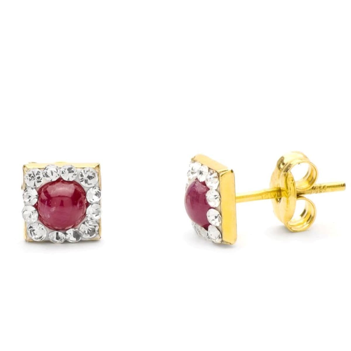 Boucles d'oreilles en Or Jaune 9K, Pierre Cabochon Ronde Carrée de 4 mm et Zircon Cubique de 6X6 mm avec Fermoir à Pression