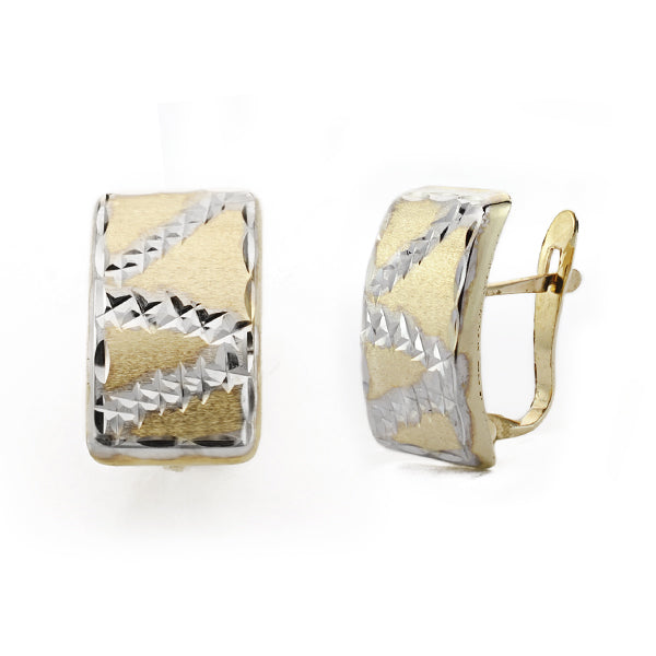 Carved Rectangular Earrings in 9K Two-tone Gold Size: 15X9 mm Catalan Clasp