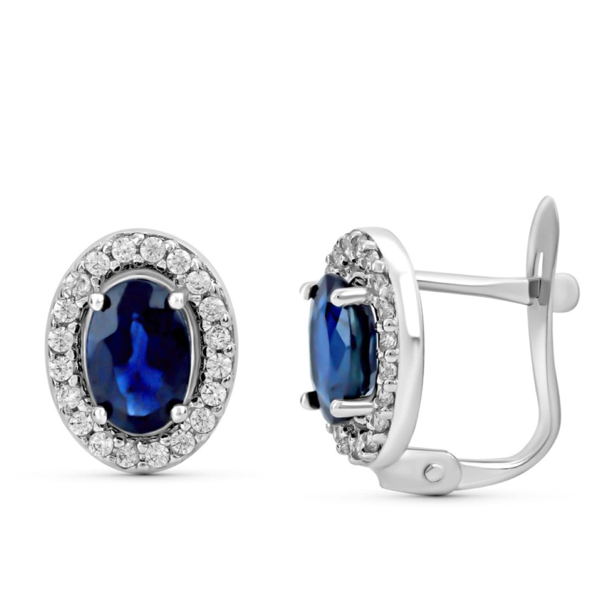 9K White Gold Earrings Natural Sapphire 6X4 mm Total 0.52 Cts Size: 10X8 mm Catalan Clasp
