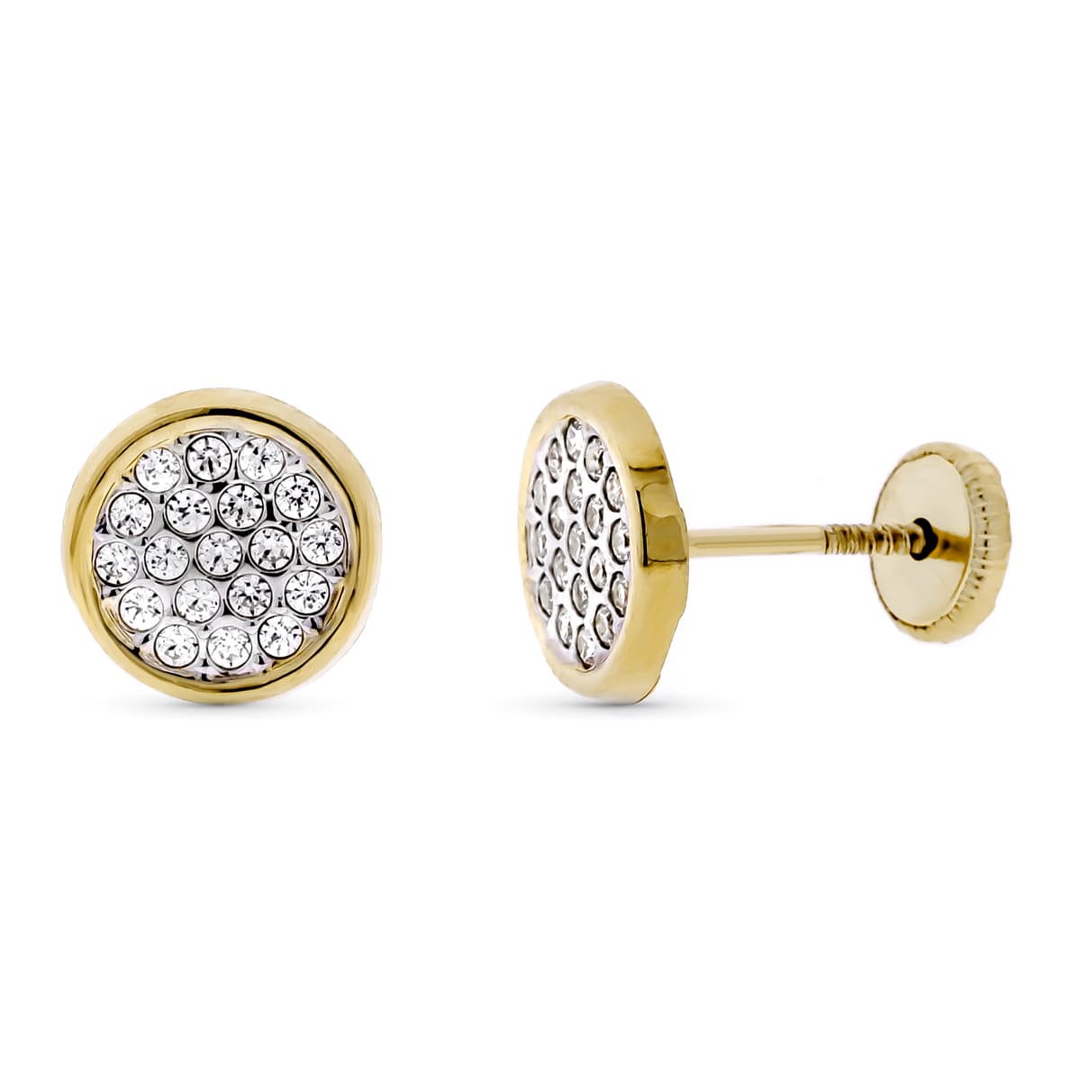 Pendientes Oro Bicolor Circonitas Redondas Cierre Tuerca 8 mm