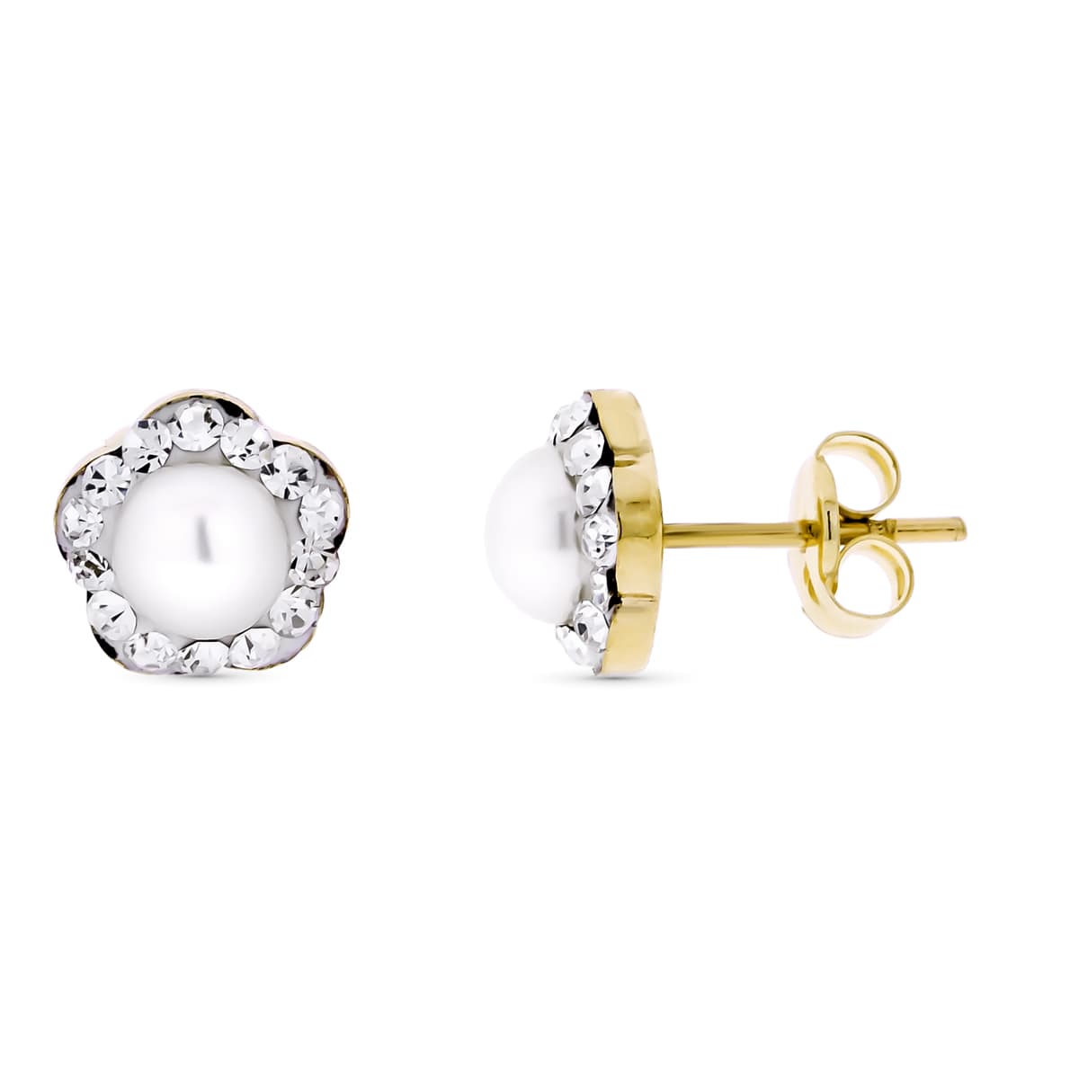 Boucles d'oreilles Or Jaune 9K Fleur avec Zirconia et Perle 5 mm Taille : 7X7 mm Bouton Pression