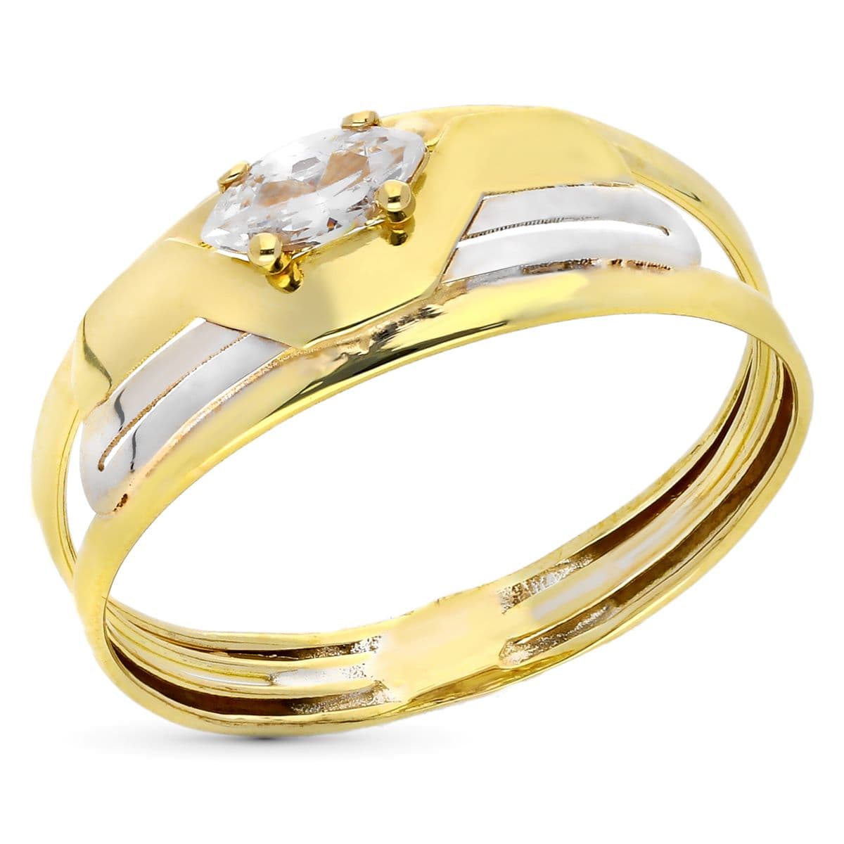 Bague en Or Bicolore 9K Ajourée avec Zircon Cubique Marquise Largeur : 7 mm