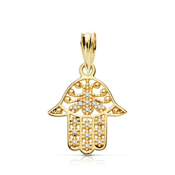 Pendentif Main de Fatima Or Jaune Zircon 9K 17X14 mm