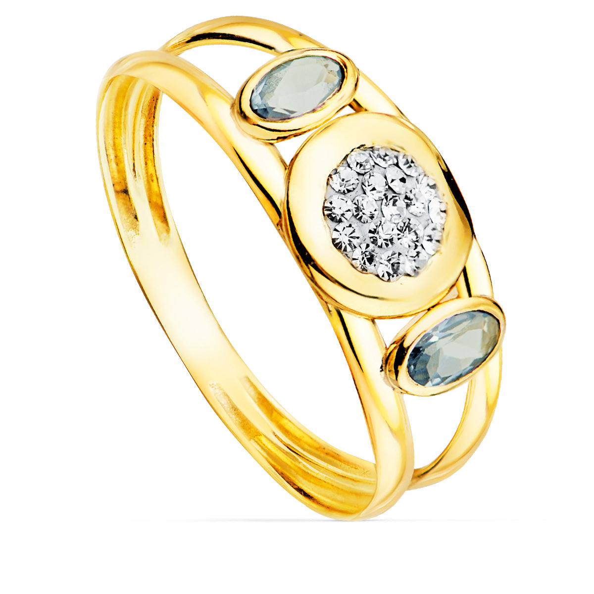 Bague Double Corps en Or Jaune 9K avec Aigues-marines Ovale et Motique Ronde Largeur : 8 mm