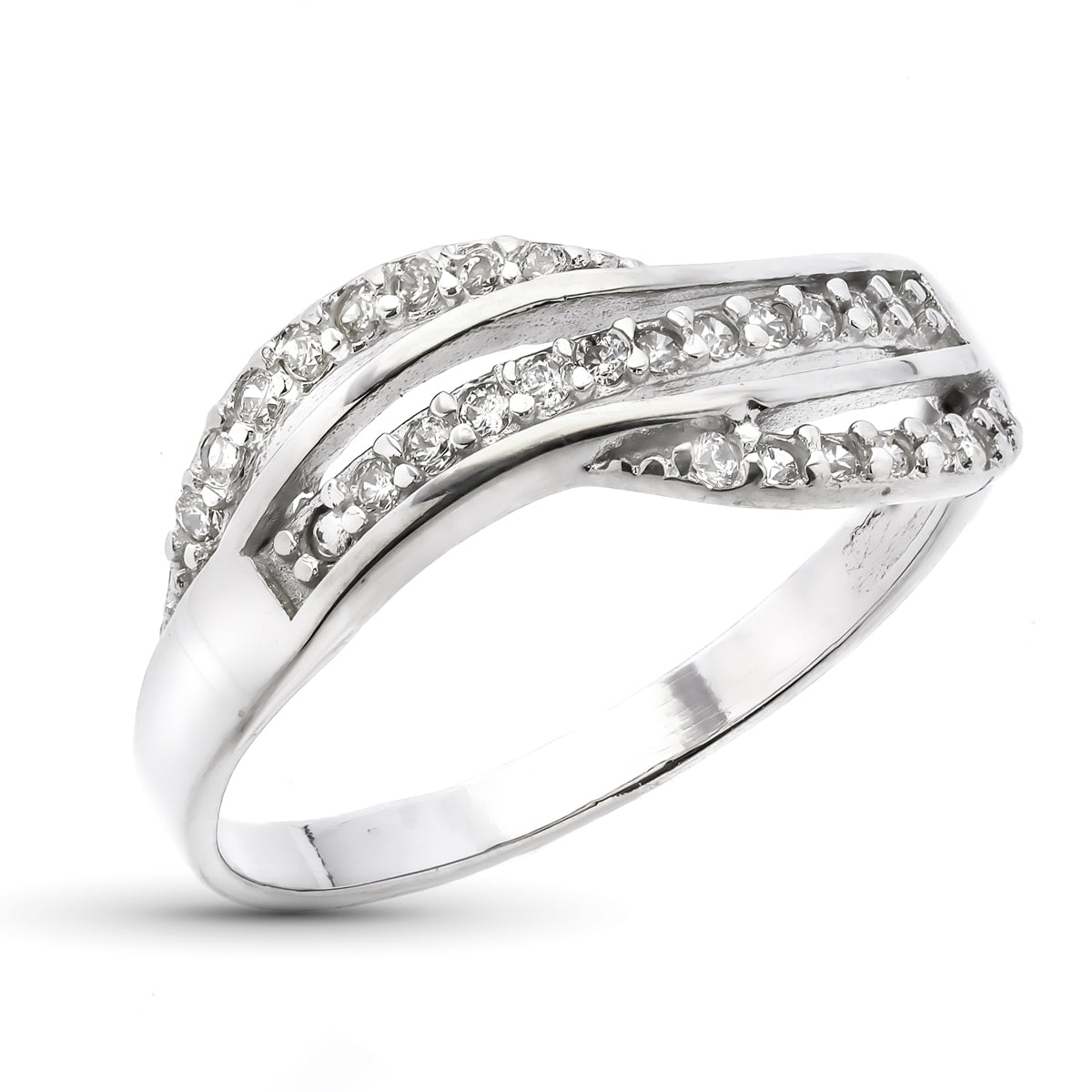 Waves Ring i 9K vitguld med zirkon. Bredd: 7 mm