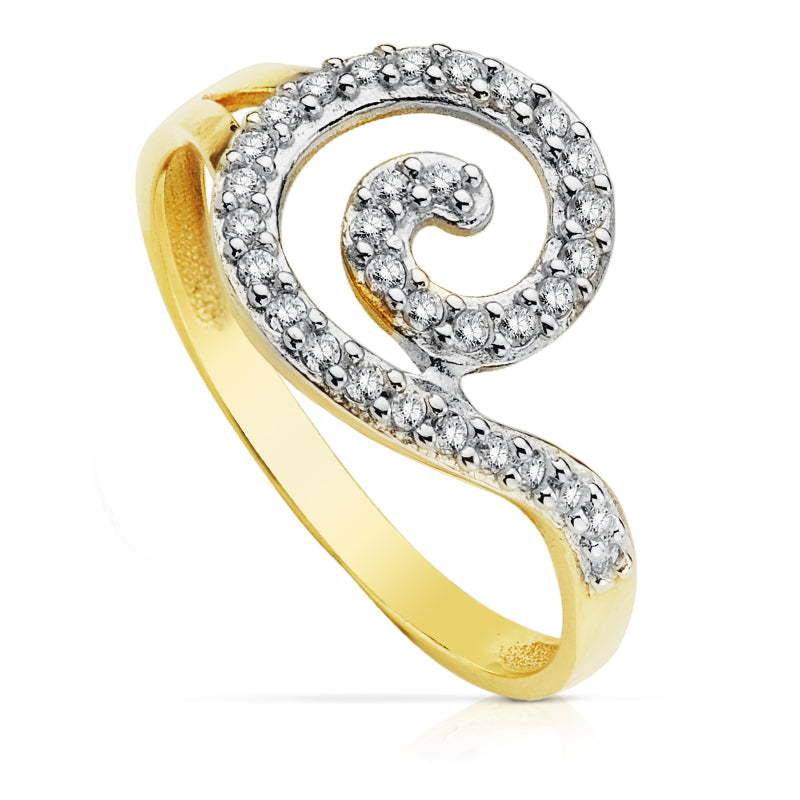 Swirlring van 9K tweekleurig goud met zirkoon. Breedte: 11,5 mm