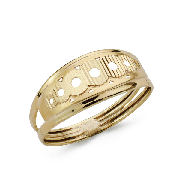 Ring aus 9-karätigem Gelbgold mit Motiv offener geschnitzter Kreise, Breite: 8 mm