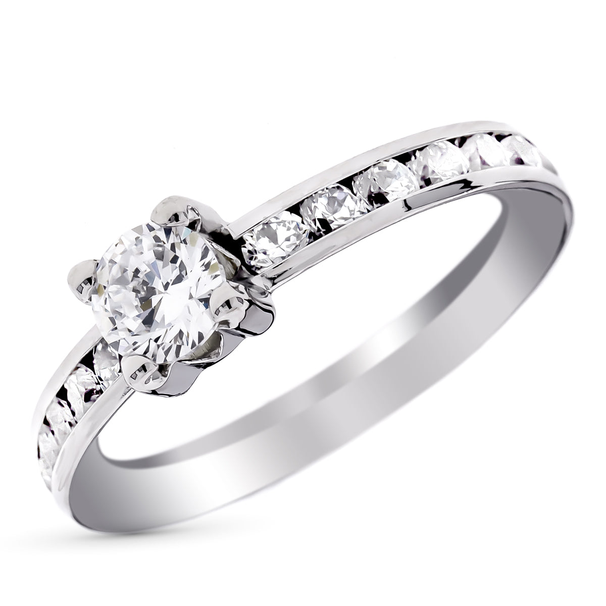 Corps Solitaire en Or Blanc 9K Zircones en Rail et Zircone Centrale 4 mm