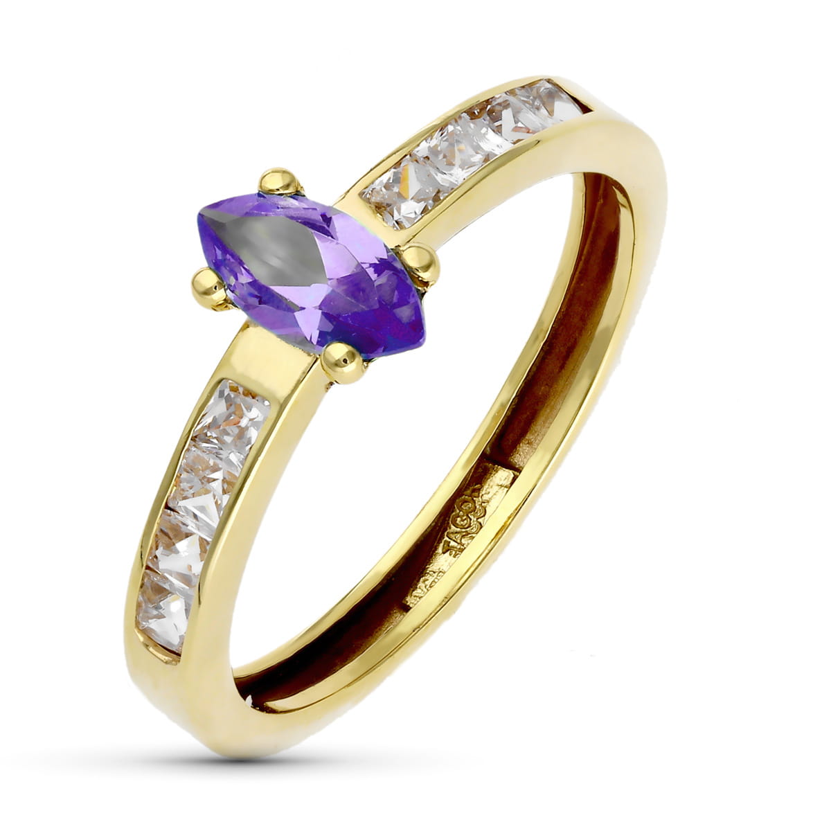 9K gul guld Ametyst Marquise Zirconia og Zircon Ring på skinne Bredde: 8 mm