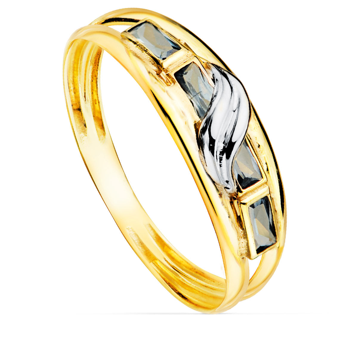 Dobbel kroppsring i 9K tofarget gull med Aquamarine Color Zirconia Baguette Bredde 6 mm