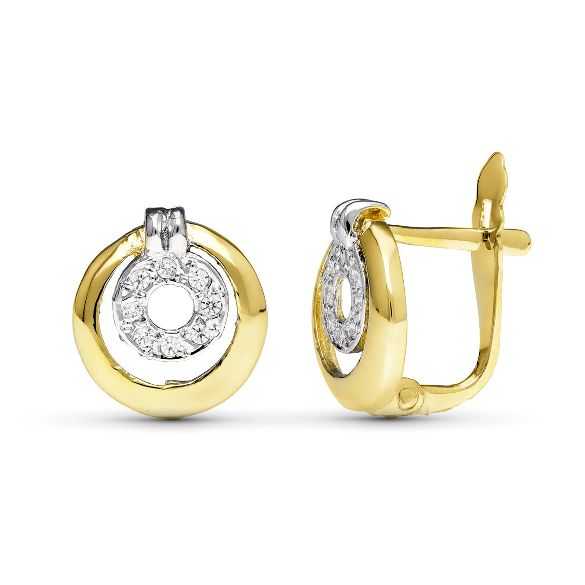 Pendientes de Oro Bicolor de 9K con Circonitas 11X10 mm Cierre Catalán