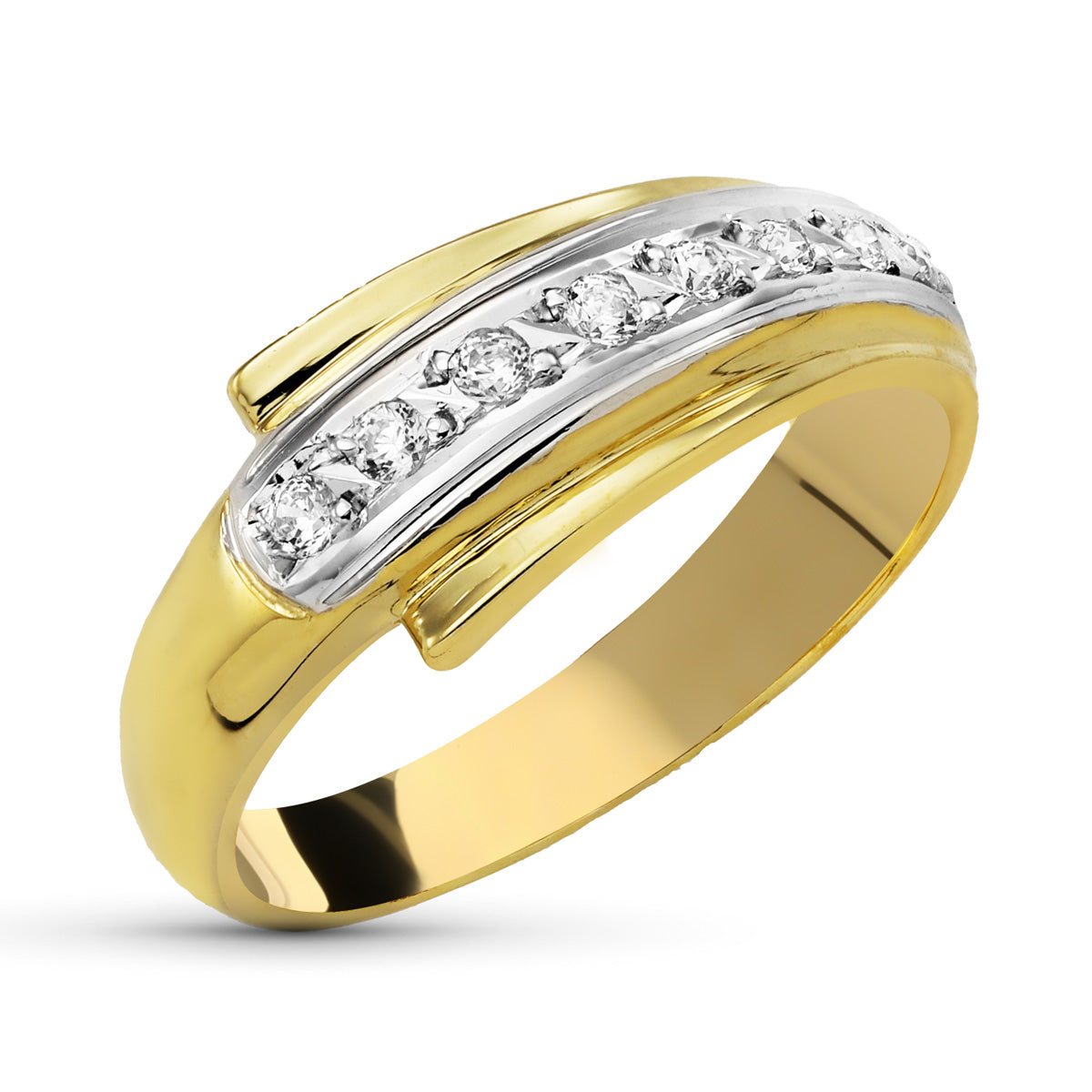 9K massief tweekleurige gouden ring met zirkonia. Bandbreedte: 7 mm