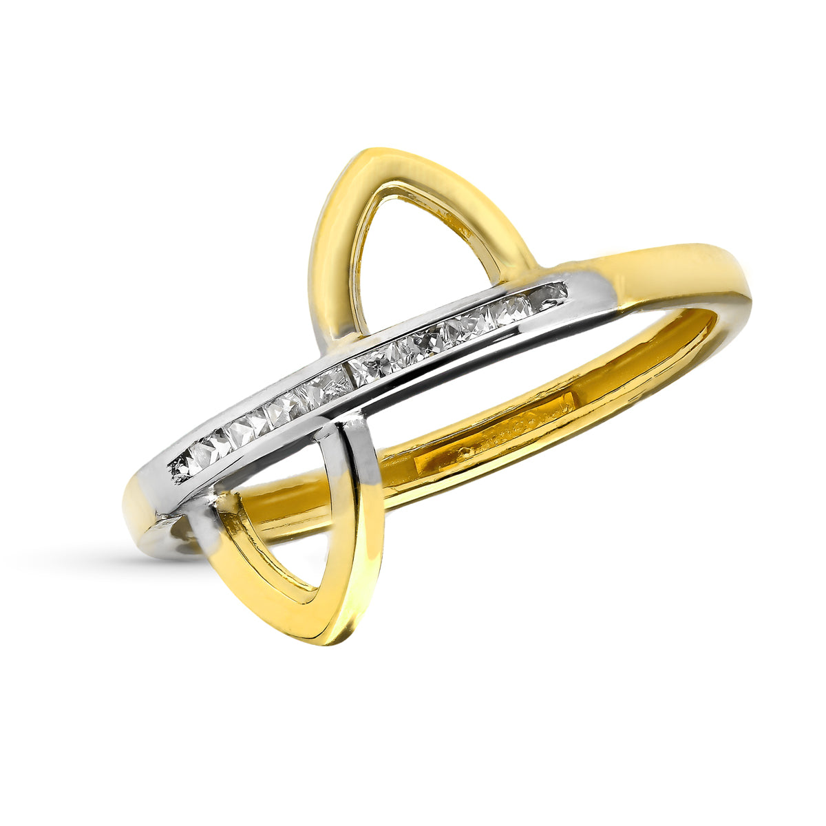 Anel de diamante dividido em ouro bicolor de 9 quilates com zircônia em trilho largo de 12 mm