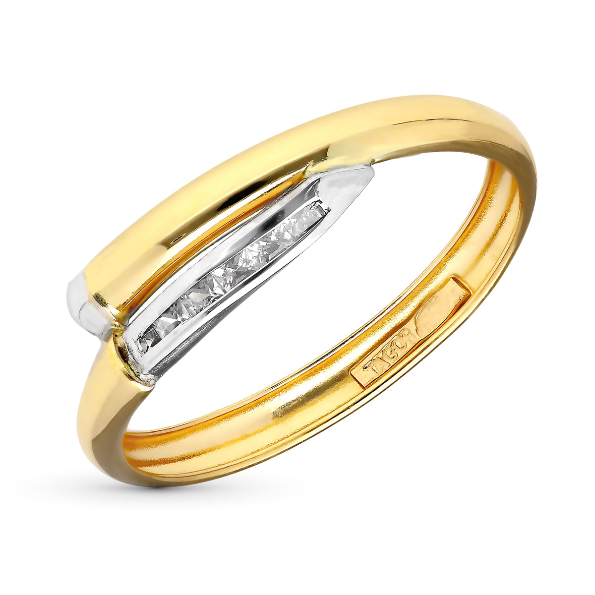 Bague en Or Bicolore 9K avec Bandes Croisées avec Zircone sur Rail Largeur : 5,5 mm