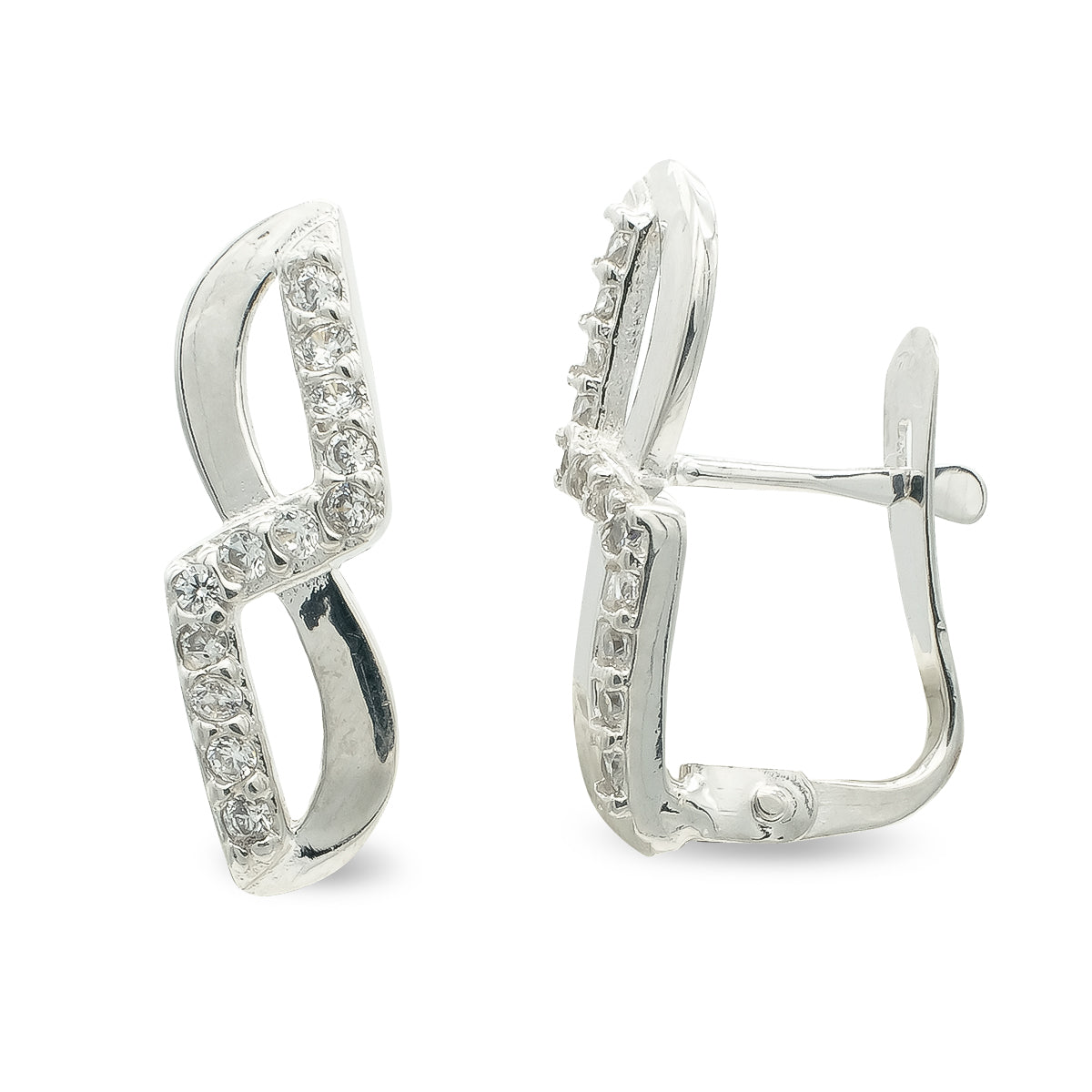 Pendientes Oro Blanco 9K y Circonitas 16X5 mm Cierre Catalán