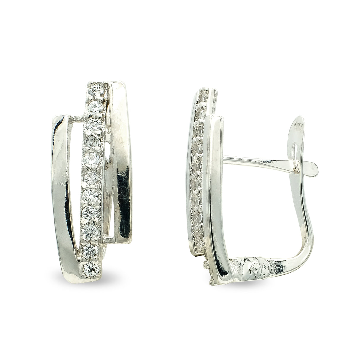 9K Boucles d'oreilles Zircons en Or Blanc. Fermoir Dormeuses. 15X6 mm
