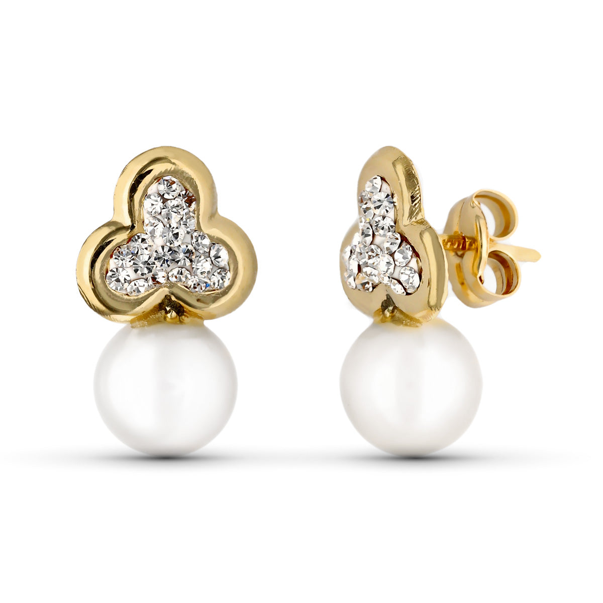 9K Boucles d'oreilles Communion en Or Jaune Perle de Culture et Trèfle . 14X8 mm