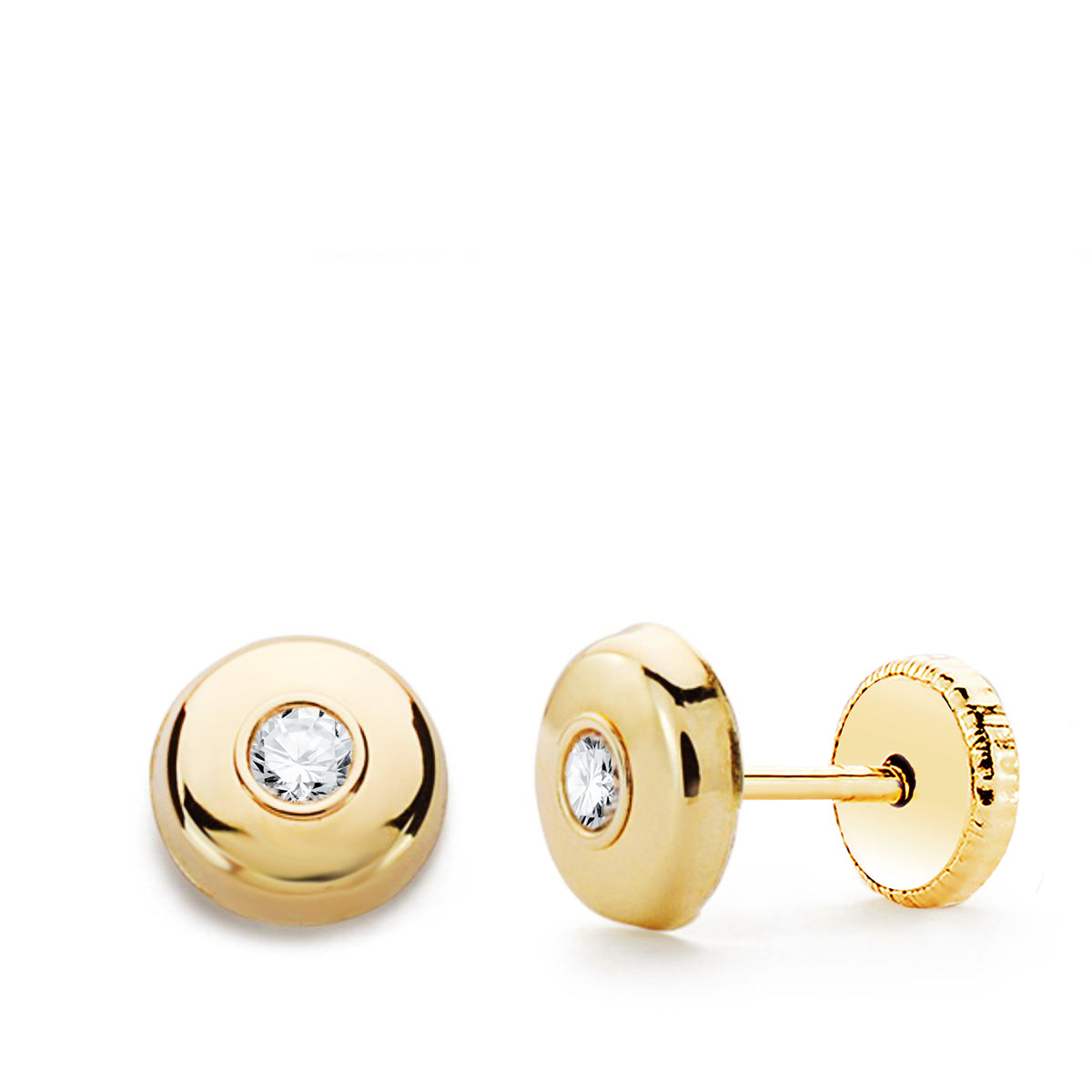 9K Puces d'oreilles Rondes Zircons en Or Jaune. 7 mm Fermoir Poussettes.