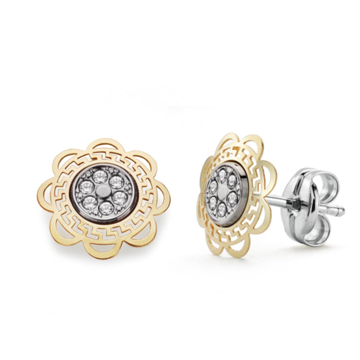 9K Two-tone Gold Openwork Flower and Zircons Earrings. 9X9 mm Strollers