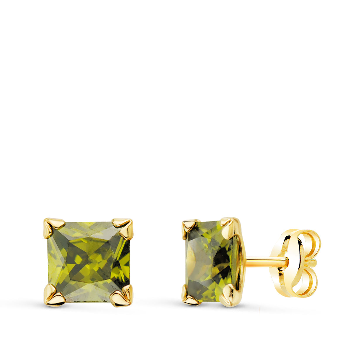 9K 4 ágú Peridot fülbevaló 6X6 mm 2,30 Cts. Babakocsi csat.