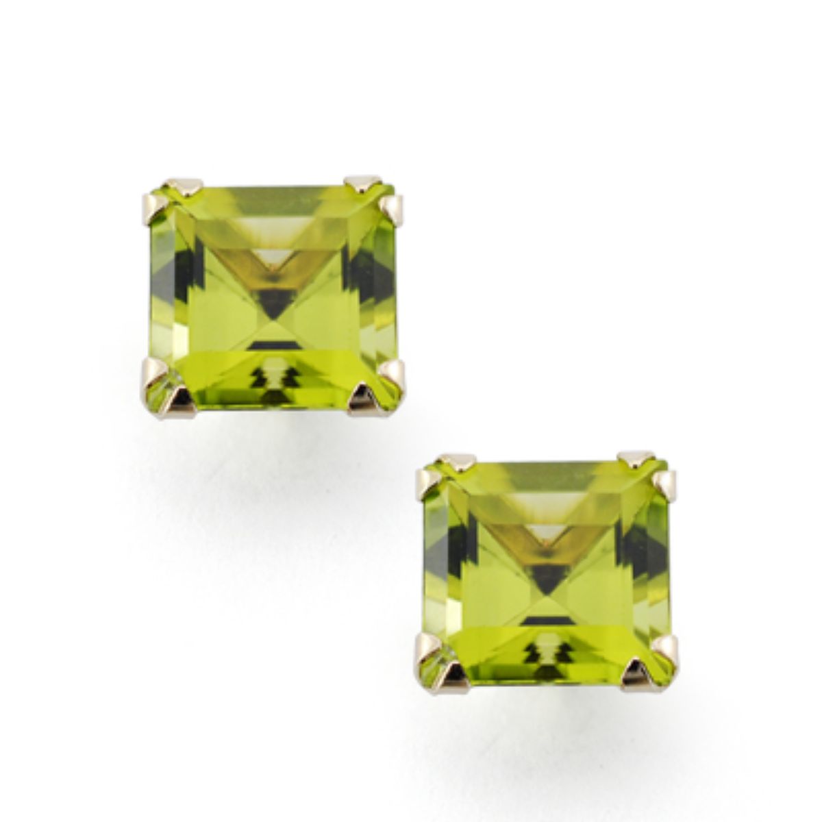 9K Boucles d'oreilles Peridot 4 Griffes en Or Jaune 7X7 mm 3.40 Ct Fermoir Poussettes Papillon