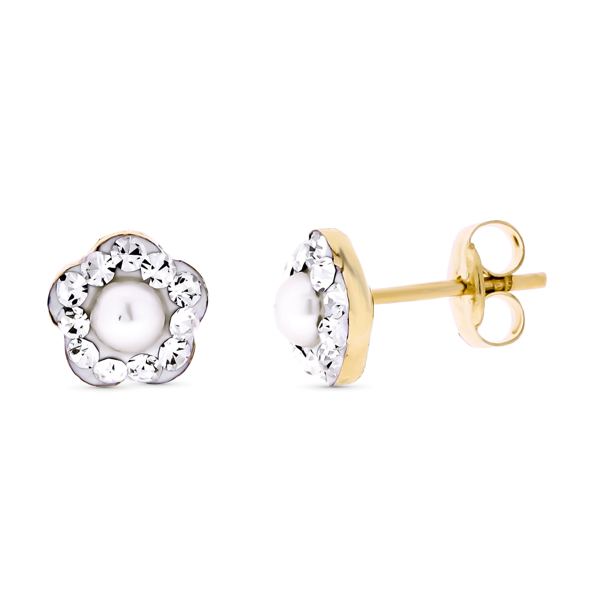 9K Boucles d'oreilles Fleur en Or Jaune. Zircon & Perle 6MM