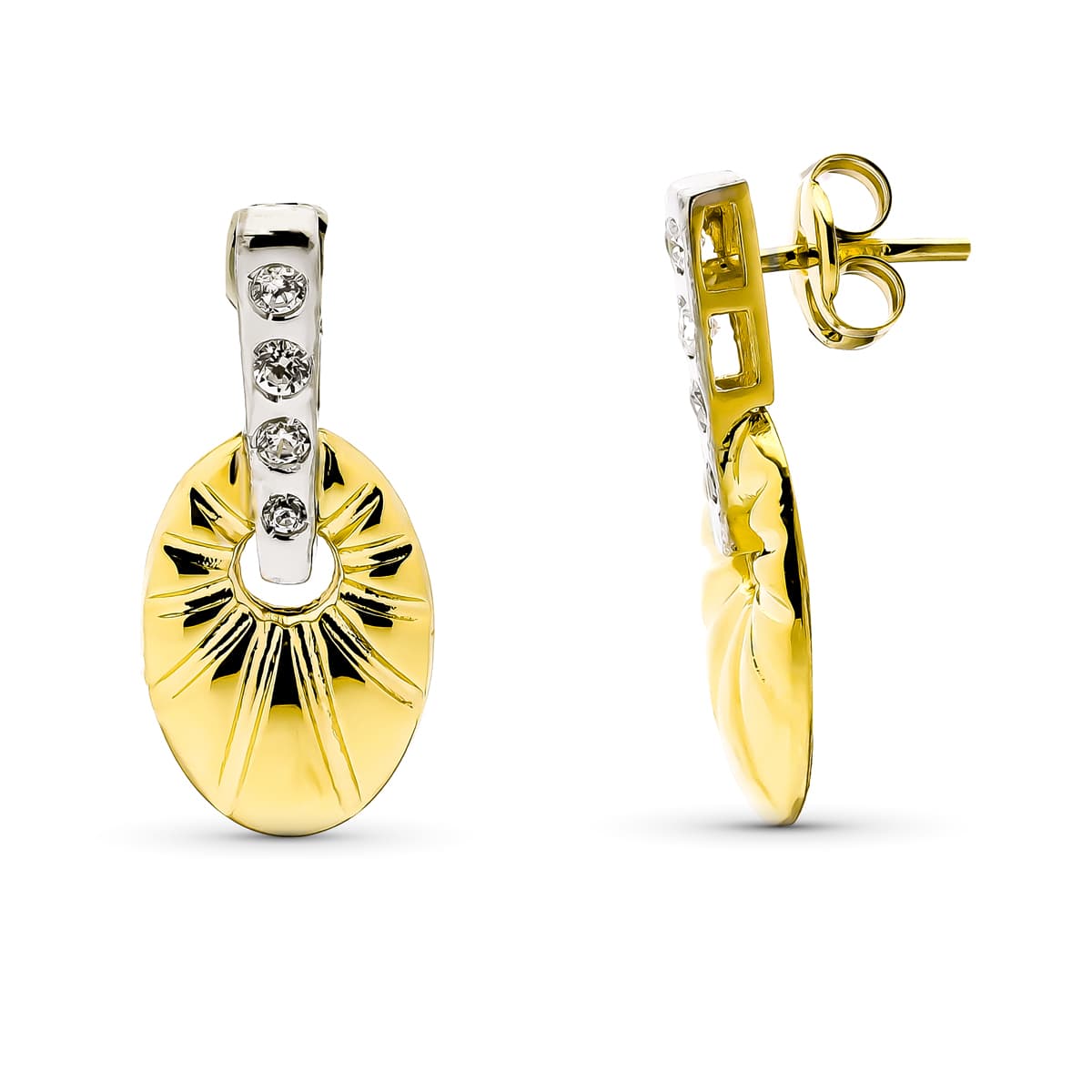 Boucles d'oreilles Ovales Bicolores en Or 9K avec Zircon Taille de la Bande : 19 X 8 mm Fermoir Poussettes Papillon