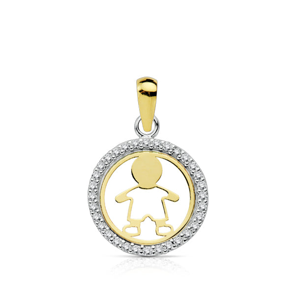 Pendentif Rond en Or Bicolore 9K avec Zircon et Ajouré Taille de Lenfant : 13MM