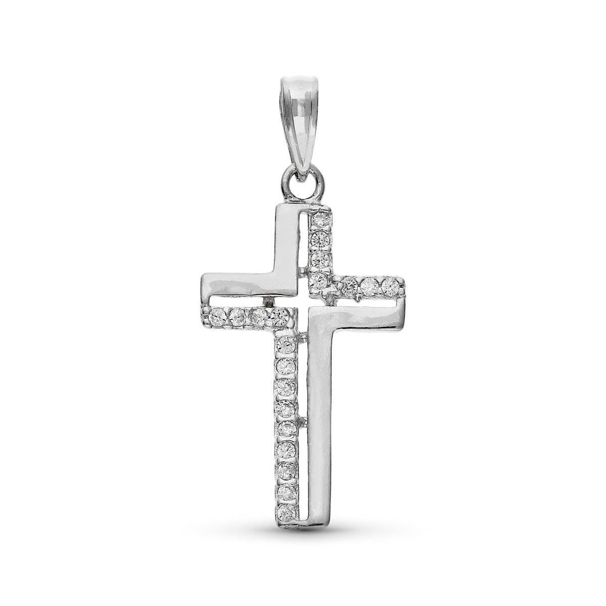 9K Croix en Or Blanc Zircon 25X13 mm