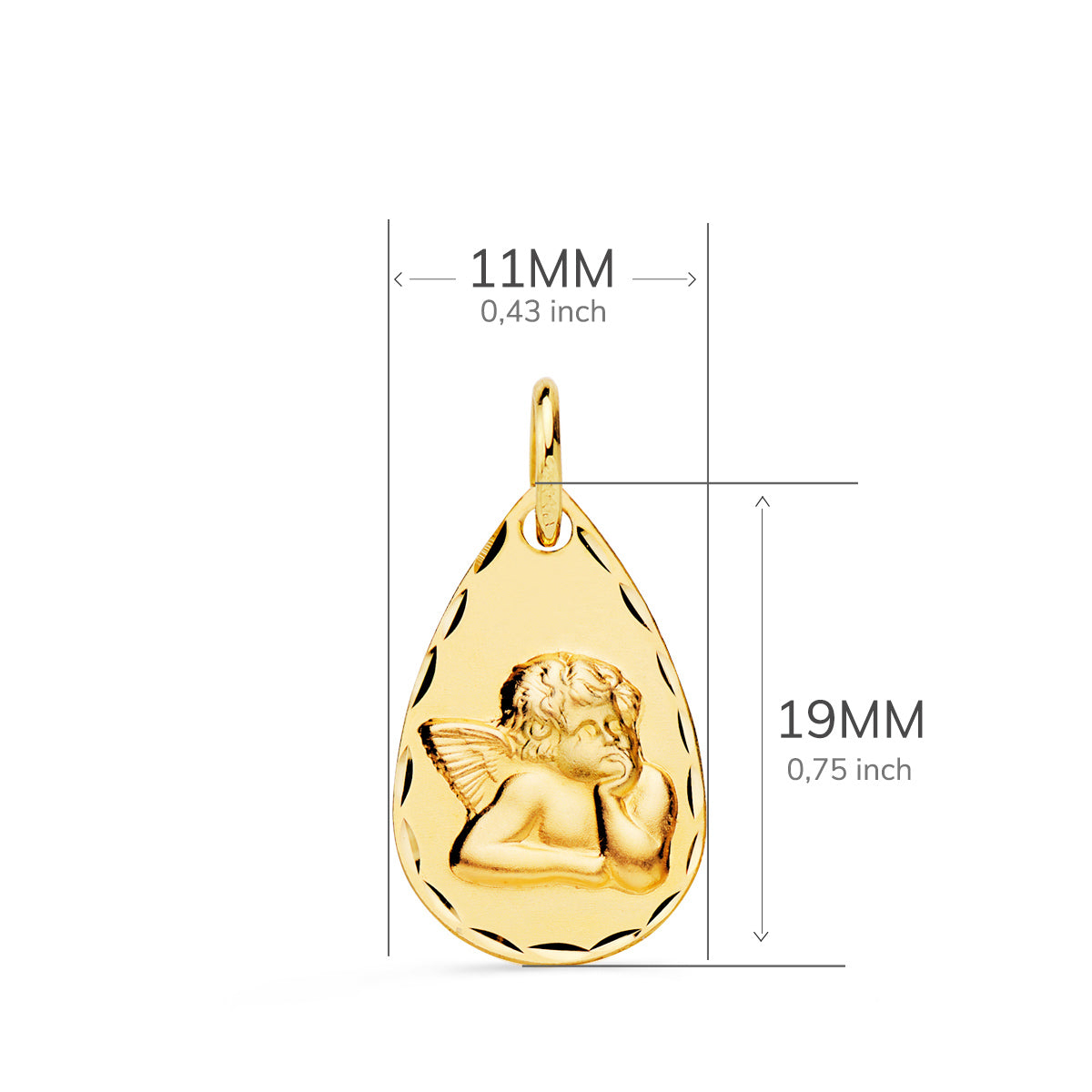 9K Médaille Larme Facettée Ange 19X11MM