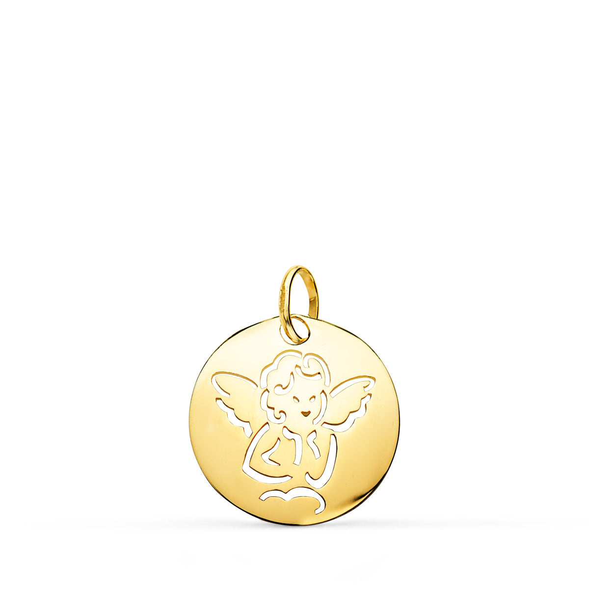 9K Pendentif Ange Rond en Or Jaune 15MM